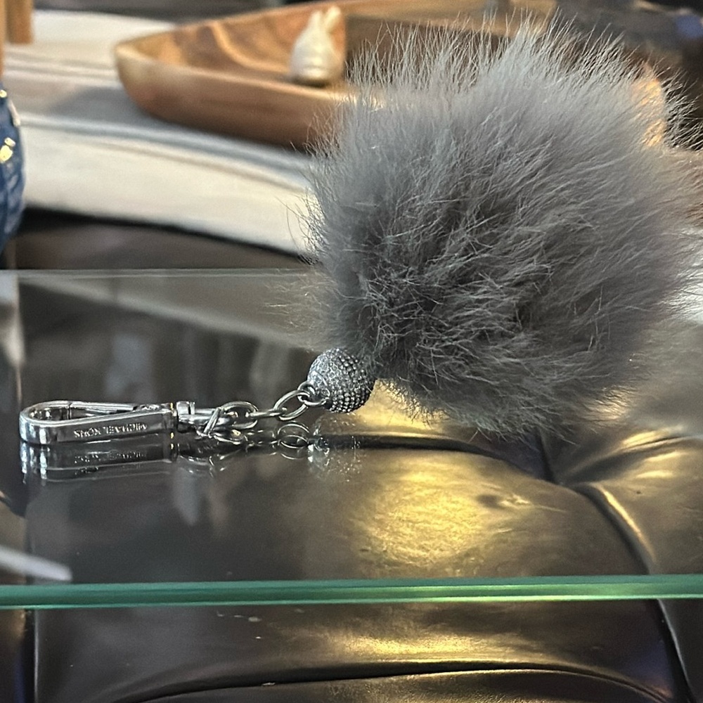 Authentic Vintage Michael Kors Fox Fur Pom Pom Keychain in Gray & Silver